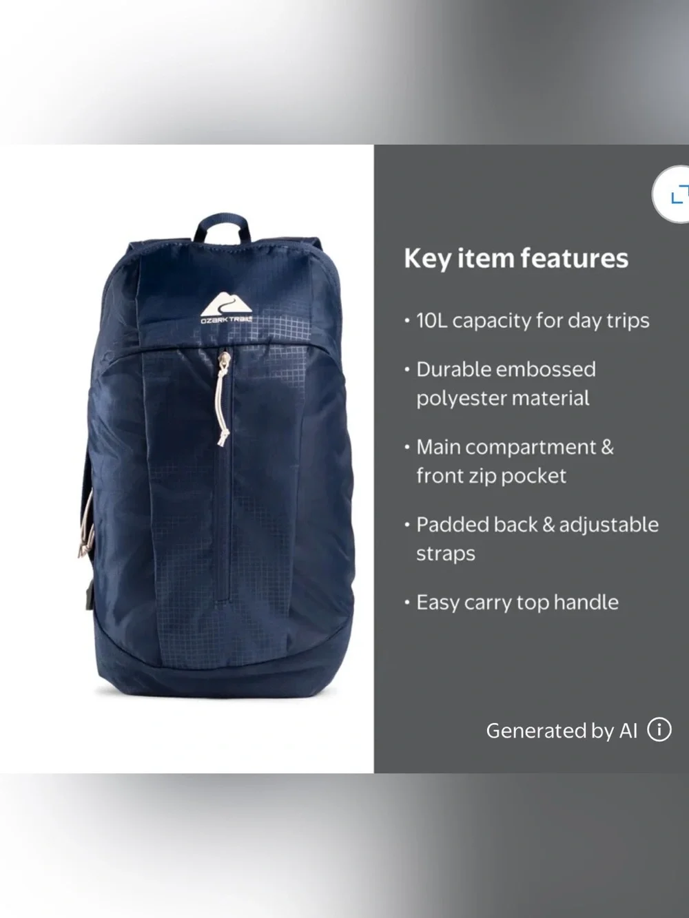 Ozark Trail 10L Day Pack, Navy, Embossed Fabric
